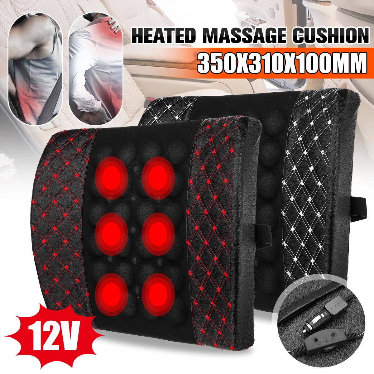 12V Car Pillow Back Support Lumbar Electrict Massage PU Leather Car Trucks Pain Relive Protection Wasit Seat Cushion Relax