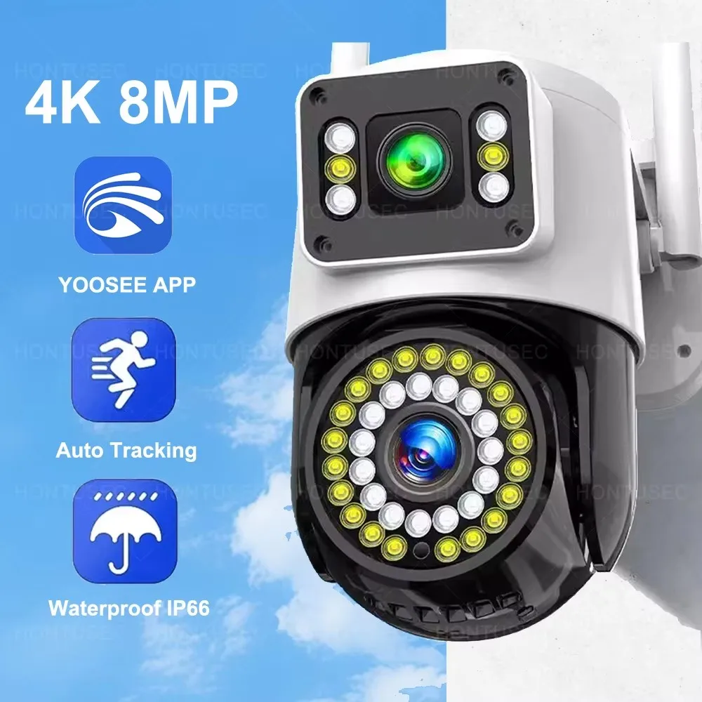 4K 8MP YOOSEE Dual Lens Dual Screens WIFI PTZ Camera Color Night Vision Two Way Audio Outdoor IP66 Wireless Security Camera