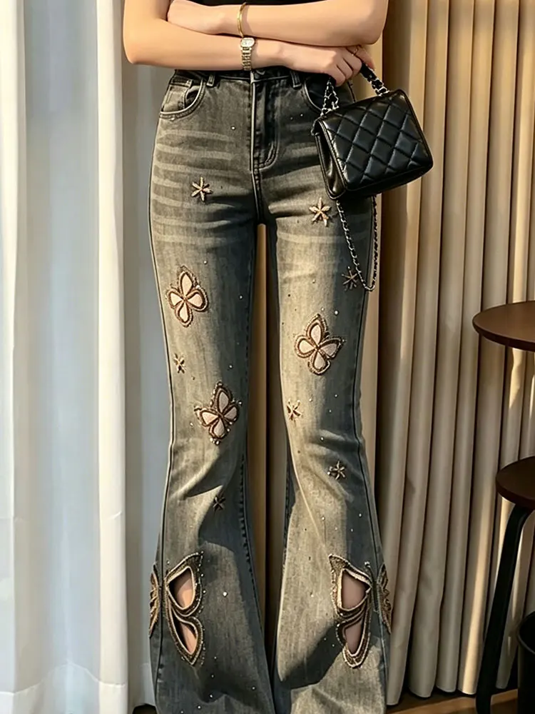 

New Black Heavy Work Hollow out Flare Jeans Summer Slimming Straight Leg Long Pants Ladies Fashion Natural Waist
