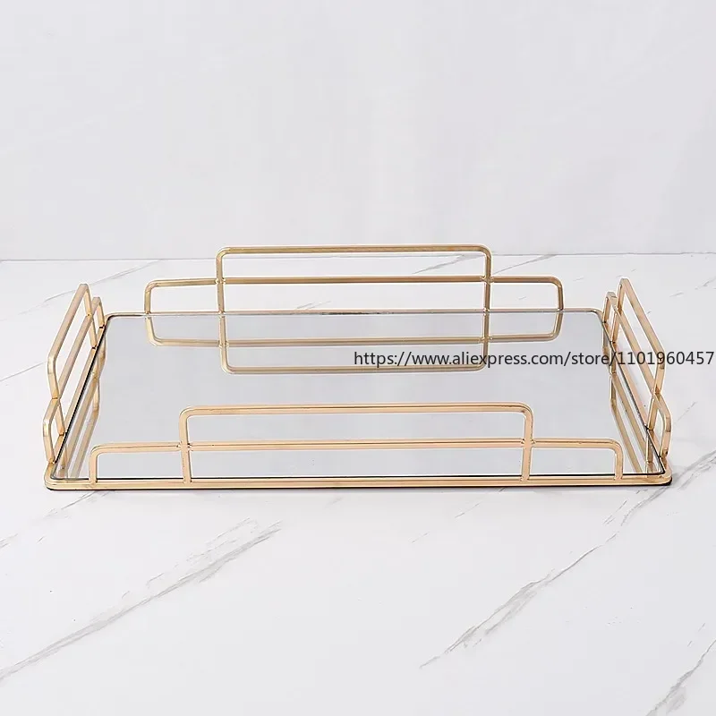 Golden Stroke Glass Mirror Rolling Tray Nordic Large Rectangle Tea Cup Wine Set Coffee Table Trays Decorative Organizer Kitchen