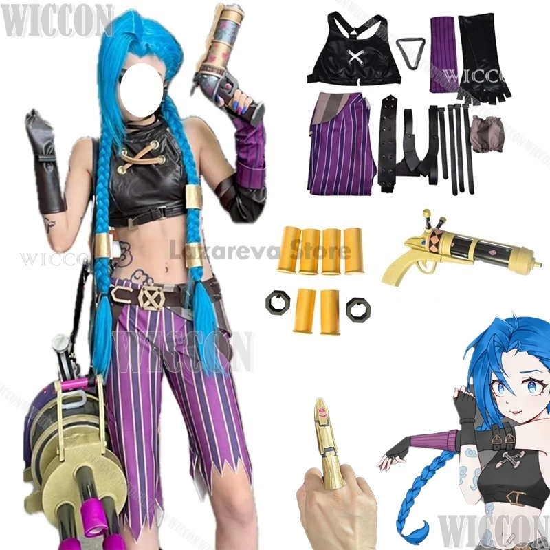 Anime Game LOL Arcane Cosplay Costume Crit Loli Jinx Cosplay Loose Cannon Cosplay Outfit Wig Sexy Women Carnival Outfit Finger