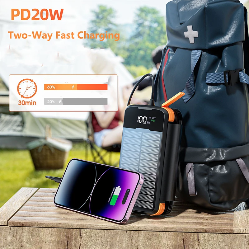 Folding Solar Power Bank 43800mAh with 4 Cables Solar Panel PD 20W Fast Charger for iPhone 15 Samsung Huawei Xiaomi Mi Powerbank