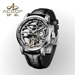 AESOP Flywheel Tourbillon Men Watch Skeleton Manual Double-Sided Hollow Mechanical WristWatch Sapphire Luminous Waterproof Clock