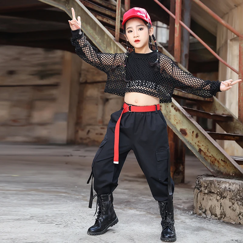 Net Tops Fashion Hip Hop Pants For Kids Summer Stage Wear Girls Jazz Dance Performance Costumes abbigliamento Hip Hop nero