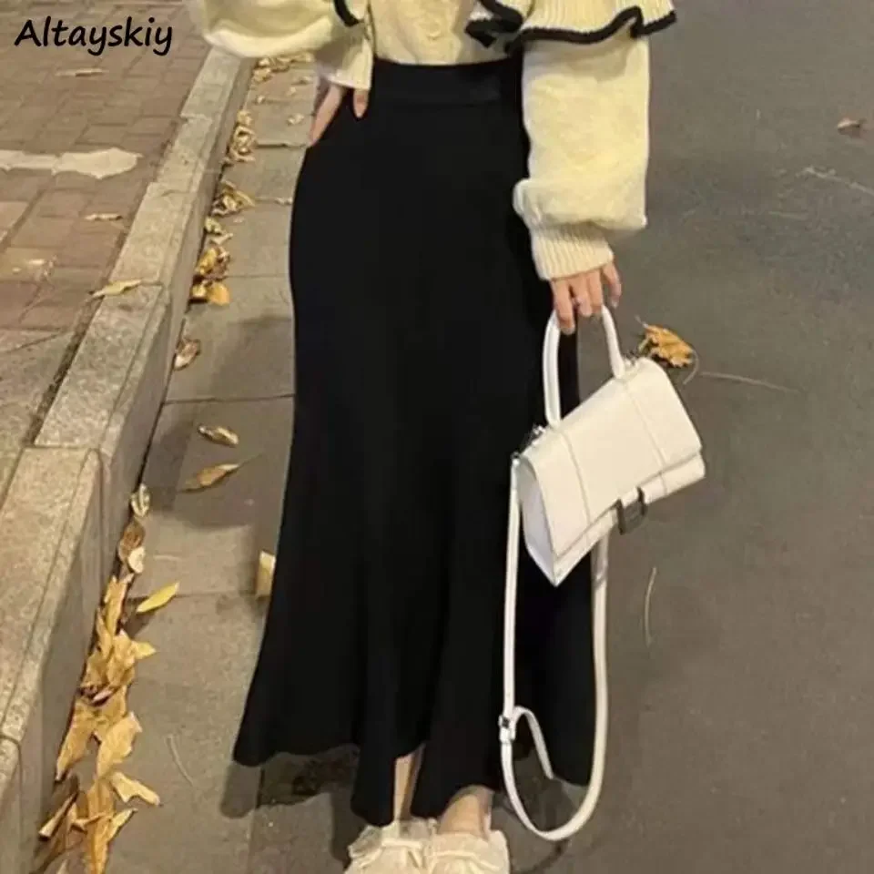 

Черные юбки-миди женские осенне-зимние вязаные нежные Faldas рыбий хвост темперамент универсальная уличная мода корейский стиль элегантный