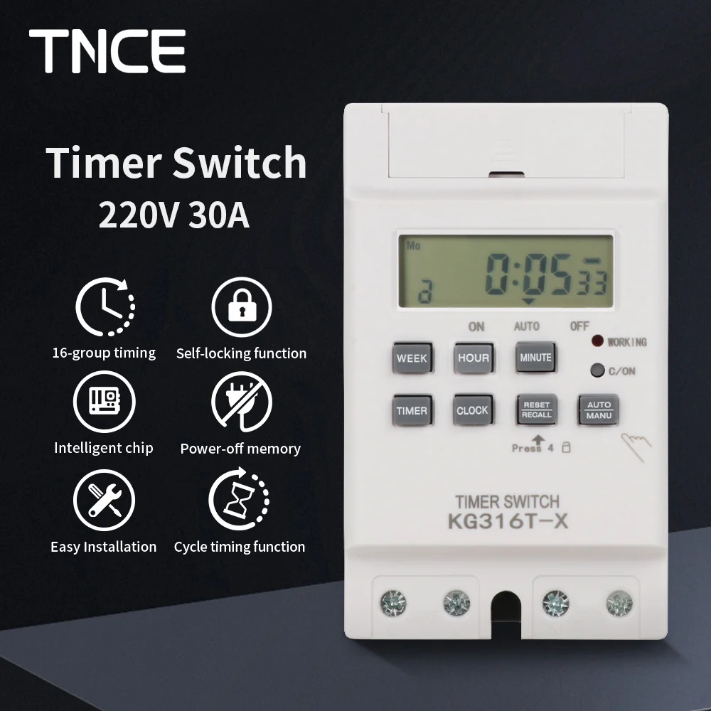 TNCE 30A Time Control Switch 220V for Street Lights, Advertising Boards, Water Pumps, Programming 30A Power Failure Timer module