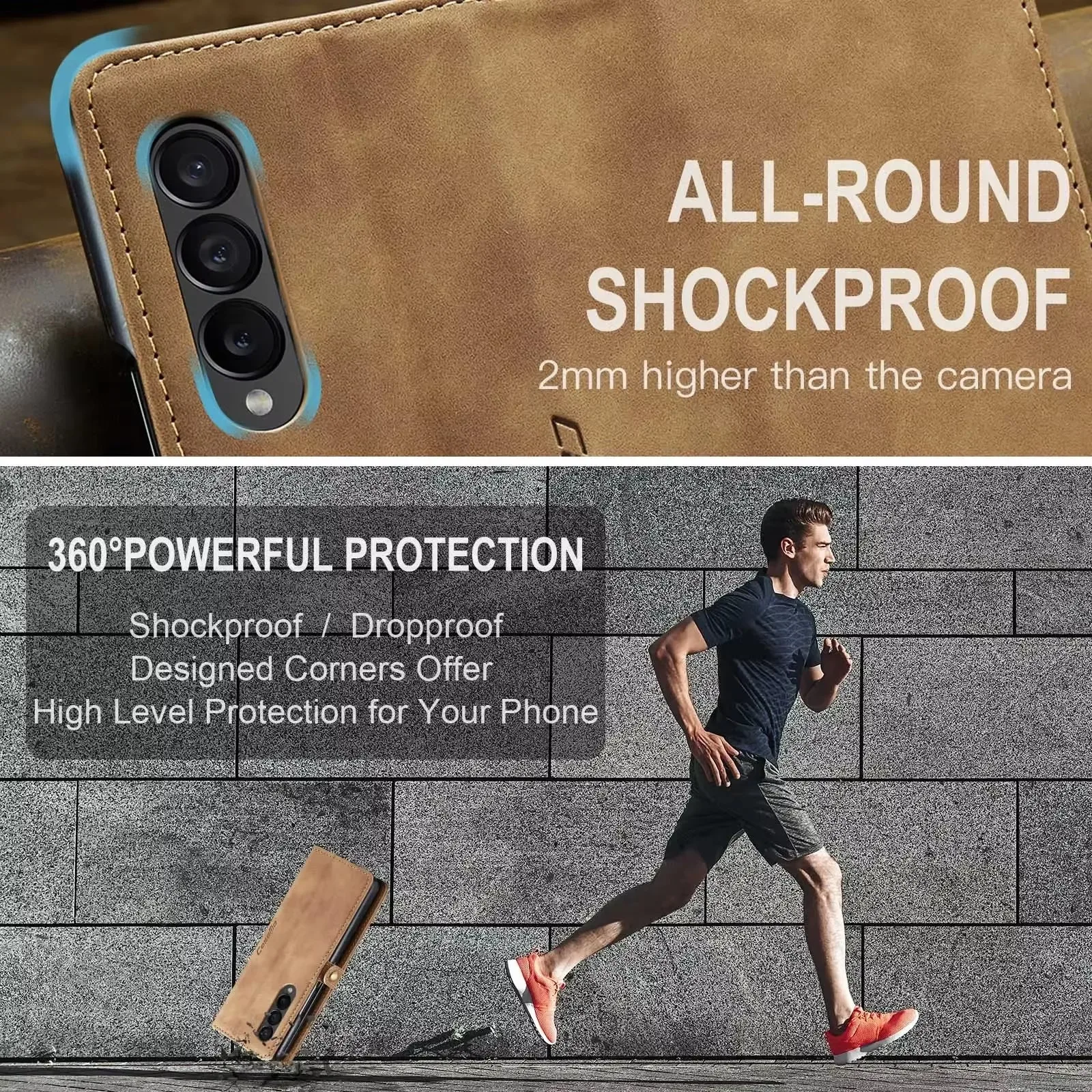 360 °   Custodia protettiva antigoccia anteriore posteriore Slot per carte di credito Custodia per telefono per Galaxy Z Fold 6 5 4 Stile portafoglio in pelle retrò Shel