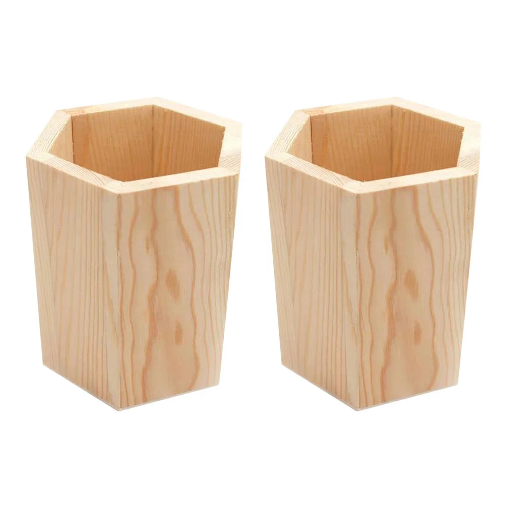 

2 Pcs Garbage Bucket Office Pine Pen Holder Pencil Pot Case Wood Brush Cup for Pens Gift