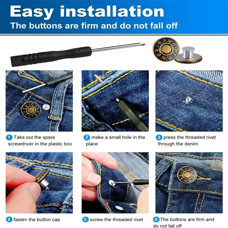 100Pcs Jean Buttons Replacement 17mm No Sewing Metal Button Nailless Removable Jean Buttons  Sewing Accessories Send Screwdriver