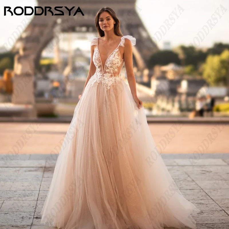 RODDRSYA Romantic Princess Wedding Dress For Women Spaghetti Straps Sleeveless Bride Party Deep V-Neck Backless Bridal Gowns