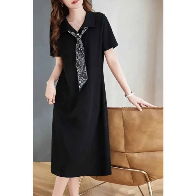 Damen Polokragen Kurzarm Midikleid Lässiges Lockeres Schwarzes Kleid