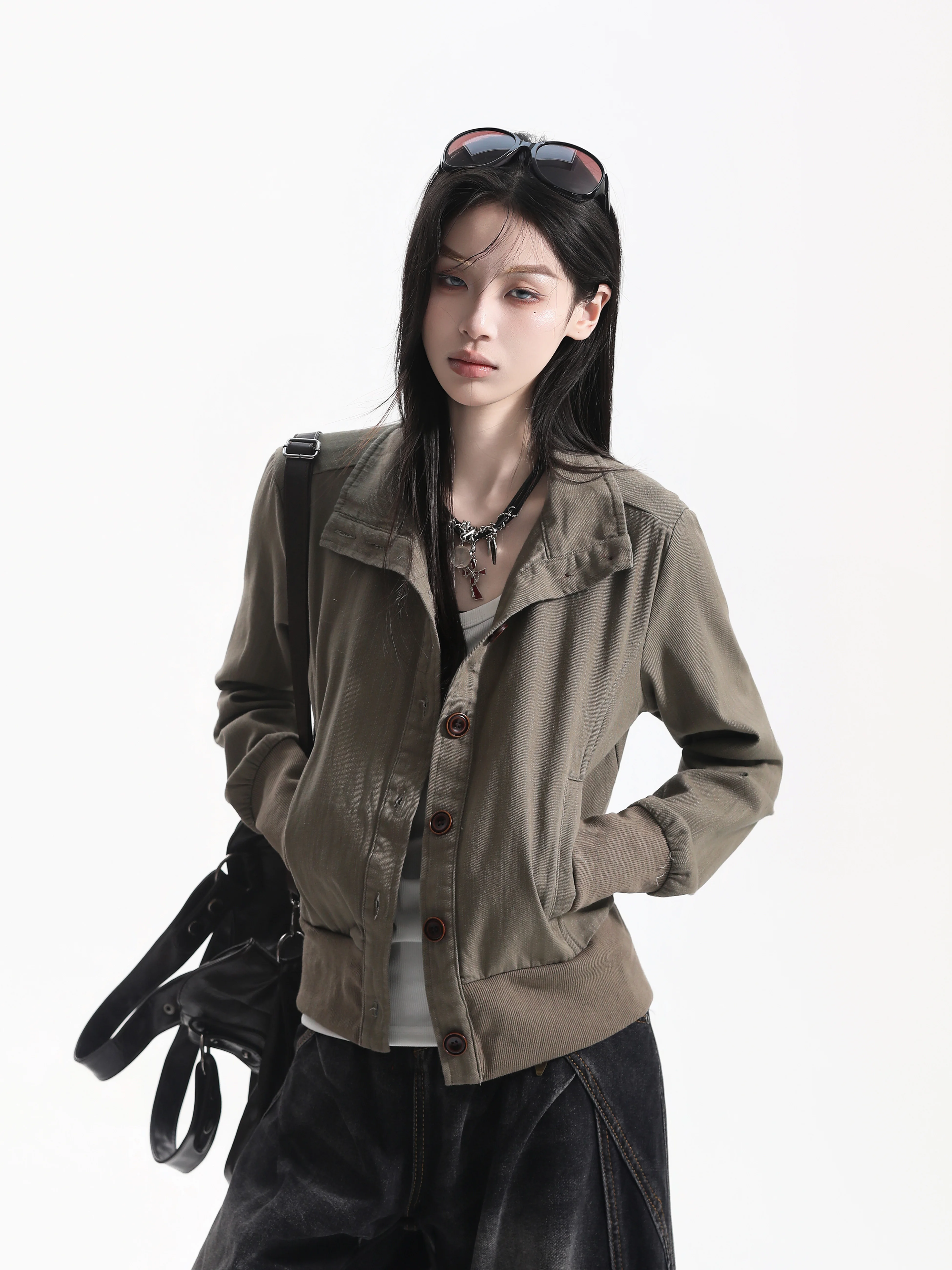 Slim Fit Short Jacket Women's Green Grey American Retro Style Button up Stand Collar Casual Fashion Youth Cotton Long Sleeve