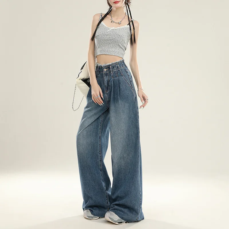 

Retro Deep Blue Wide Leg Denim Pants for Women in Summer Cool and Slim Design with A Cinched Waist and Loose Floor Length