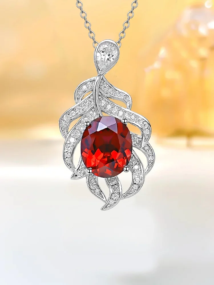 Egg shaped luxury leaf red treasure 925 sterling silver necklace inlaid with high carbon diamond, niche retro high-end feeling