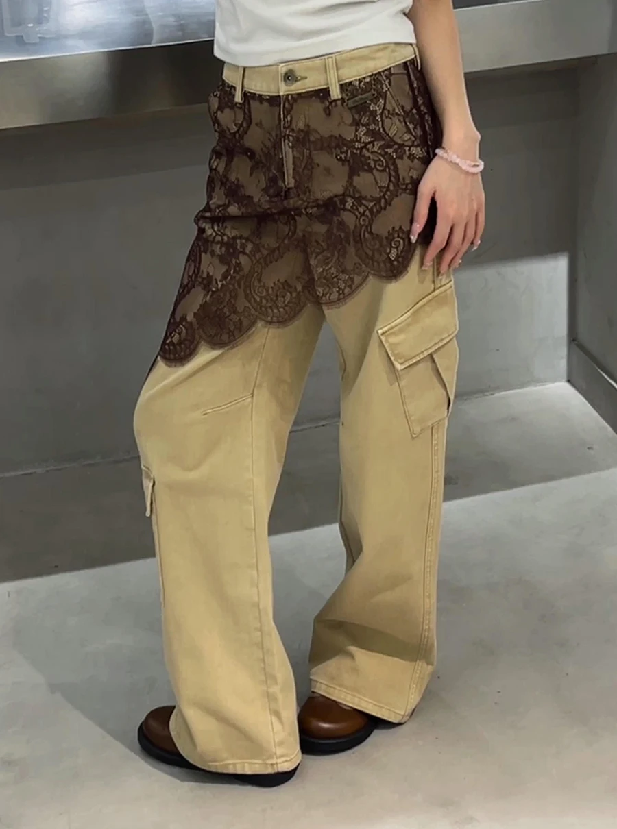 

Кубинские рабочие джинсы с кружевными вставками для женщин, с высокой талией, прямые, повседневные брюки в корейском стиле для работы и отдыха