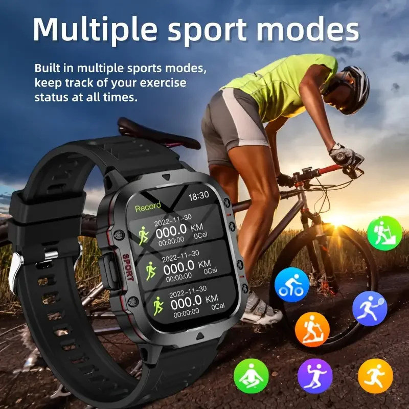 

New Rugged Military Outdoor Sports Smart Watch Health Monitoring Voice Assistant Bluetooth Call LED Flashlight Smartwatch Men