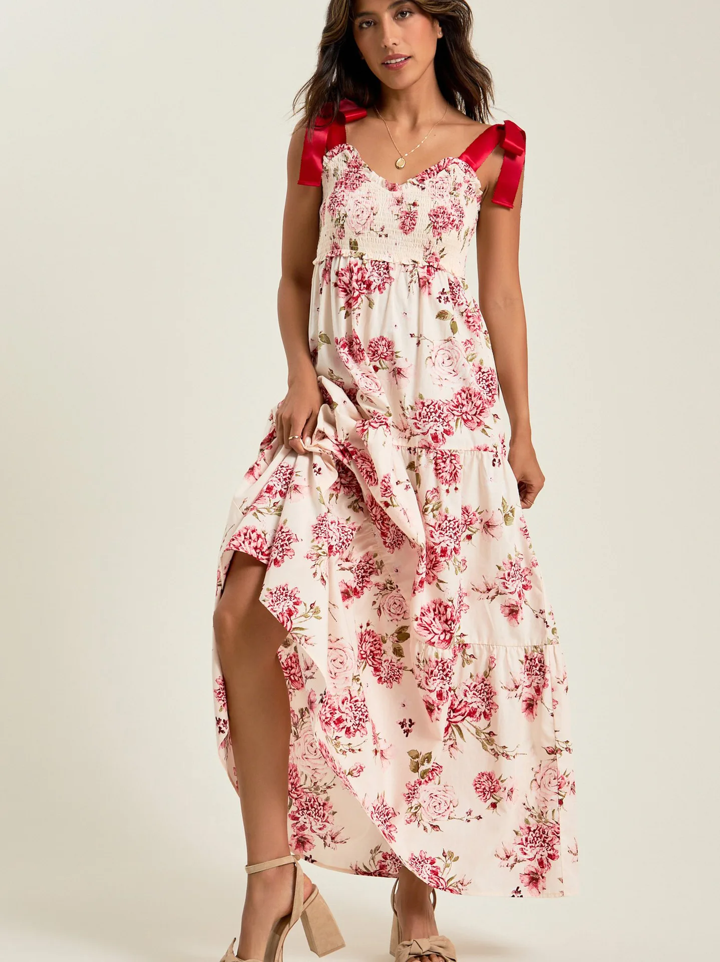 

Printing Fungus Edge Lace Up Strap Dresses Spring Women V Neck Sleeveless Big Swing Dress Summer High Waist Loose Camisole Dress