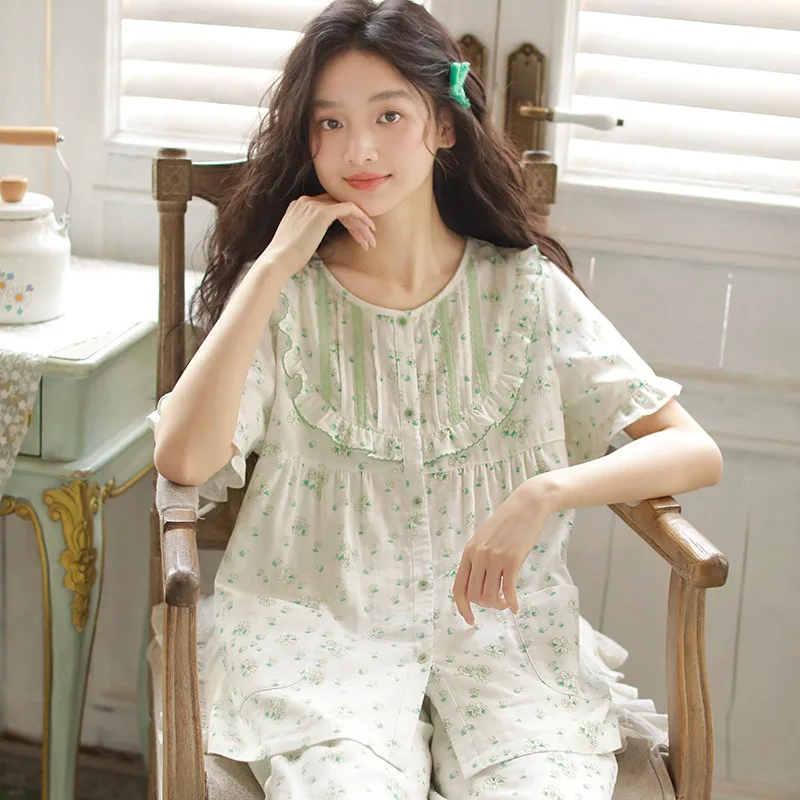 ensemble-pyjama-d'ete-en-coton-pour-femmes-haut-a-manches-courtes-et-col-rond-avec-pantalon-court-imprime-floral-doux-cardigan-ample-ensemble-2-pieces