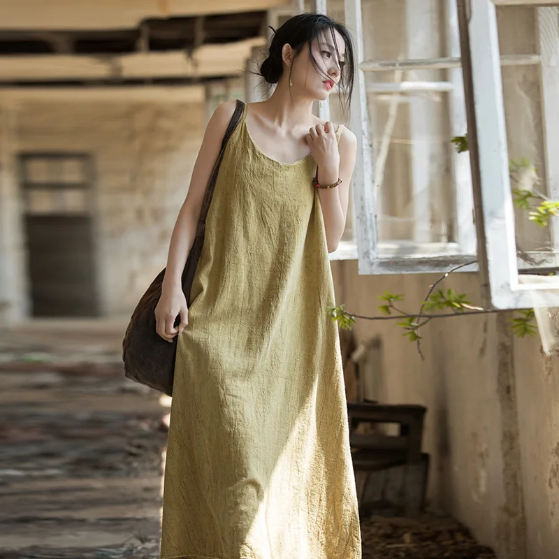 

Ramie cotton thin tie-dye long dress travel home wandering literary women's suspender dress fashion casual versatile simple temp