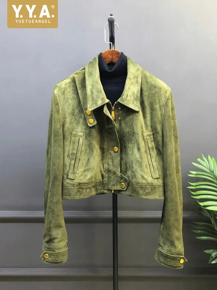 Genuine Suede Leather Lady Jacket Turndown Collar Zipper Short Coat Green Natural Sheepskin Motorcycle Jackets Autumn Outerwear