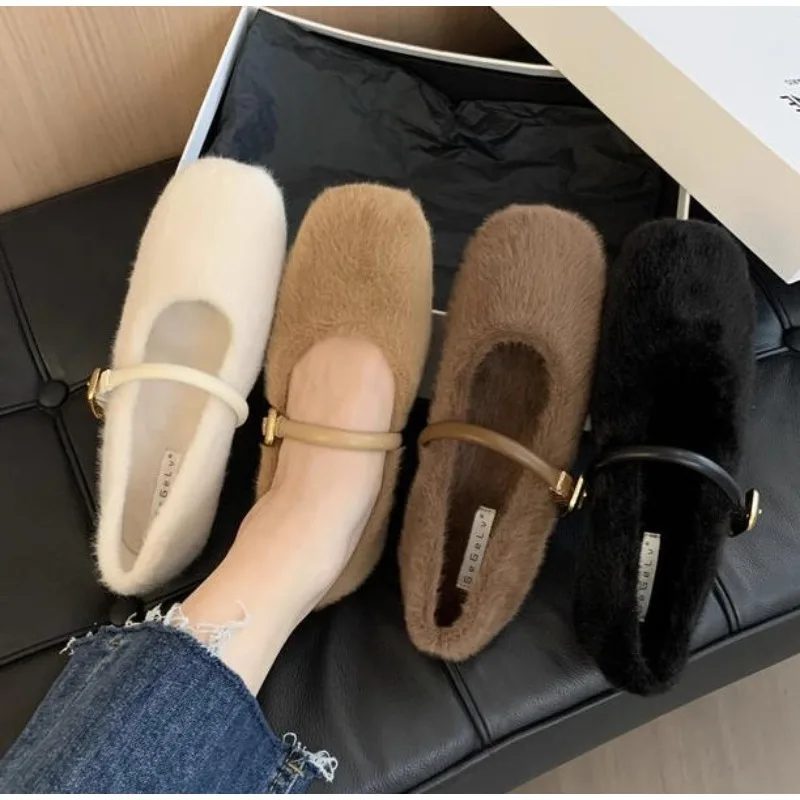 

New Winter Mary Jane Shoes Designer Vintage Women Warm Fur Flats Shoes Shallow Belt Buckle Ladies Comfort Loafers Shoes