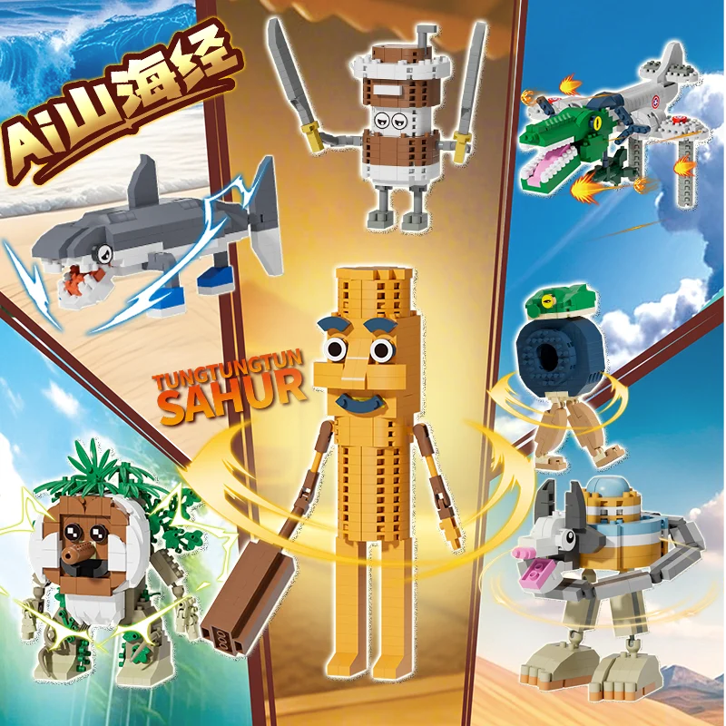 Bouwsteenset met krokodillen-, haai- en houten stokfiguren; Creatieve bouwsteenornamenten; Geschikt voor geschenken en displays