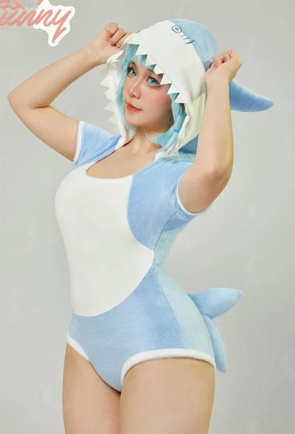 

2025 Women Sexy Lingerie Set Blue Shark Hooded Pajama Bodysuit with Tail Kawaii Bodycon Romper Homewear Cosplay Costume