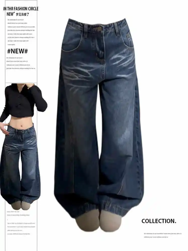 

Женские джинсовые брюки в американском стиле ретро, мужские мешковатые джинсы Y2K, ковбойские японские широкие брюки High Street Harajuku Tide, шикарные синие новинки 2000-х годов