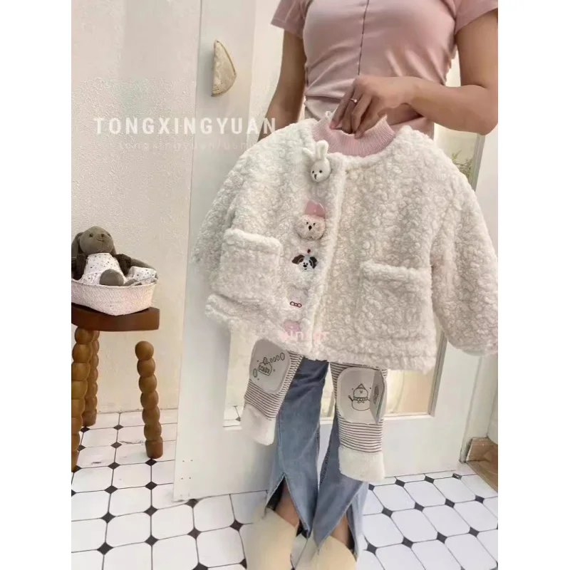 

Fleece-lined suit2024Autumn and Winter Clothing Korean Style Girls' Animal Doll Furry Cotton Coat Jacket Striped Leggings