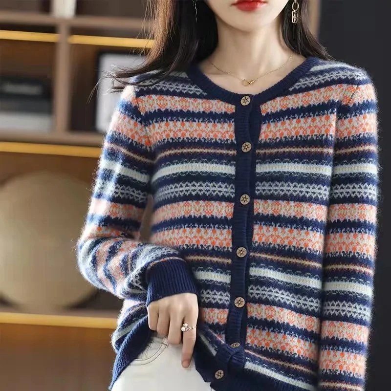 

2024 Spring Autumn New Ladies Cardigan Jacket Fashion Slim Splice Long Sleeve Sweater Coat Women's Short Soft Wool Outwear Tops