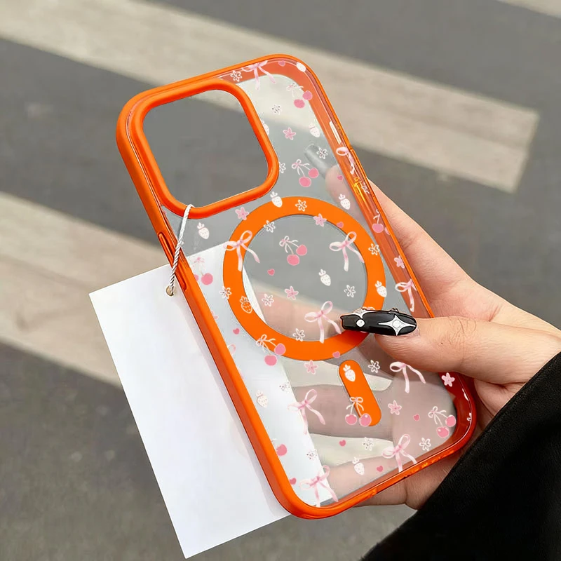 For iPhone 17 Pro Max 16 15 14 13 12 11 Case Cartoon Pink Cherry Small Bow Magnetic Cover For iPhone Air 17E 16E 16 Plus Fundas - view 6