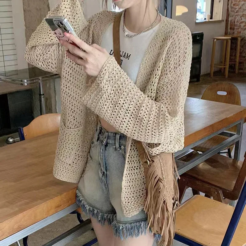 

Women's Hollow Out Knit Cardigan, Oversized Open Front Long Sleeve Sweater Coat, Casual Loose Crochet Cardigan for Summer Beach
