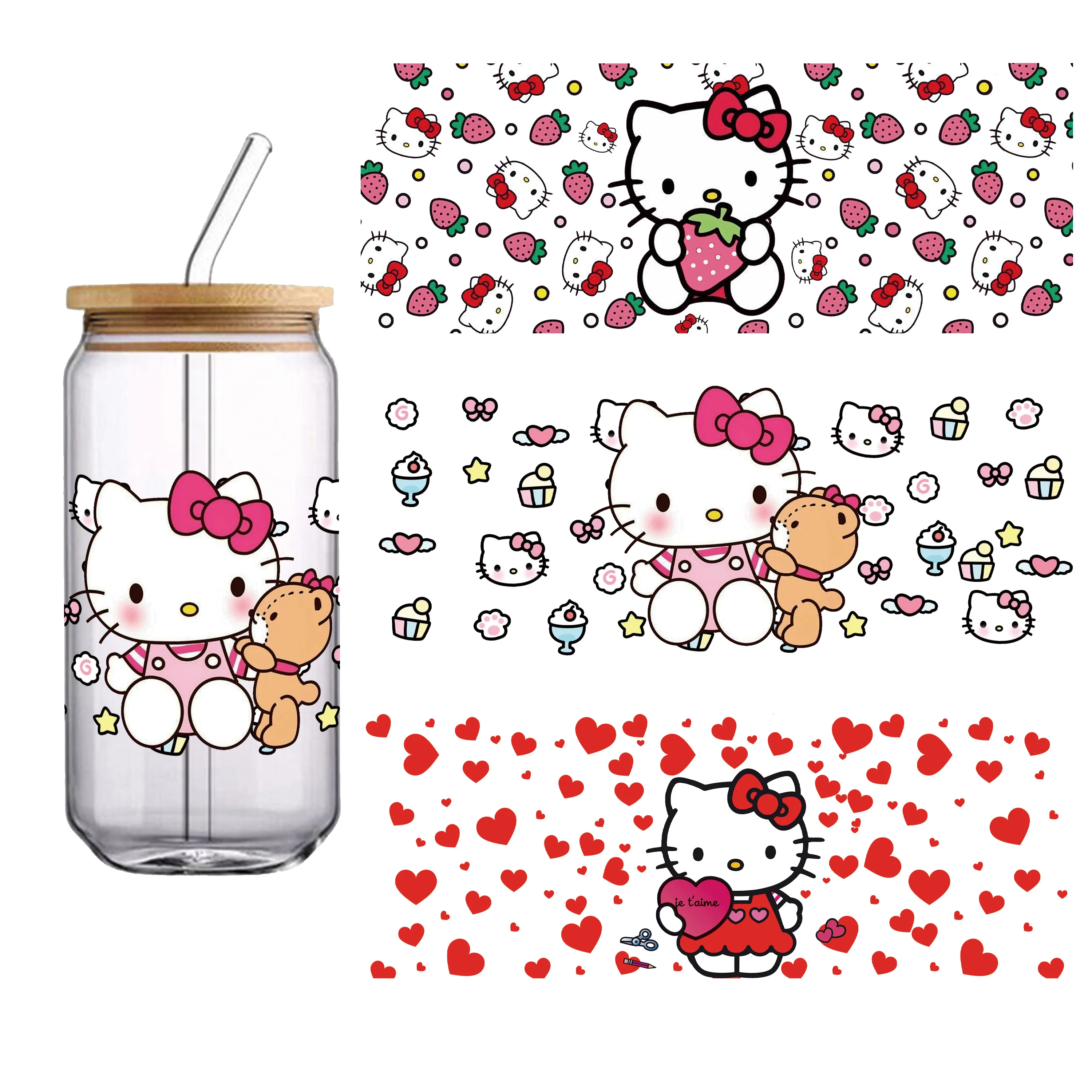 سانريو مرحبا كيتي 16 أوقية UV DTF كأس يلتف زجاجة ملصق للزجاج Libbey يمكن زجاجة ذاتية اللصق قابل للغسل مقاوم للماء لتقوم بها بنفسك مخصص #1