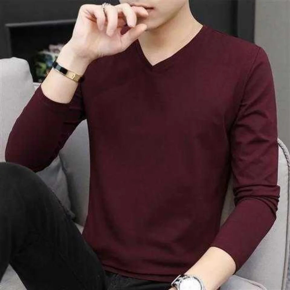 Men\'s Autumn Winter Ice Silk Long Sleeve T-Shirt Pure Color V-Neck Undershirt White Clothes New Trendy Inner Top Bottoming Shirt