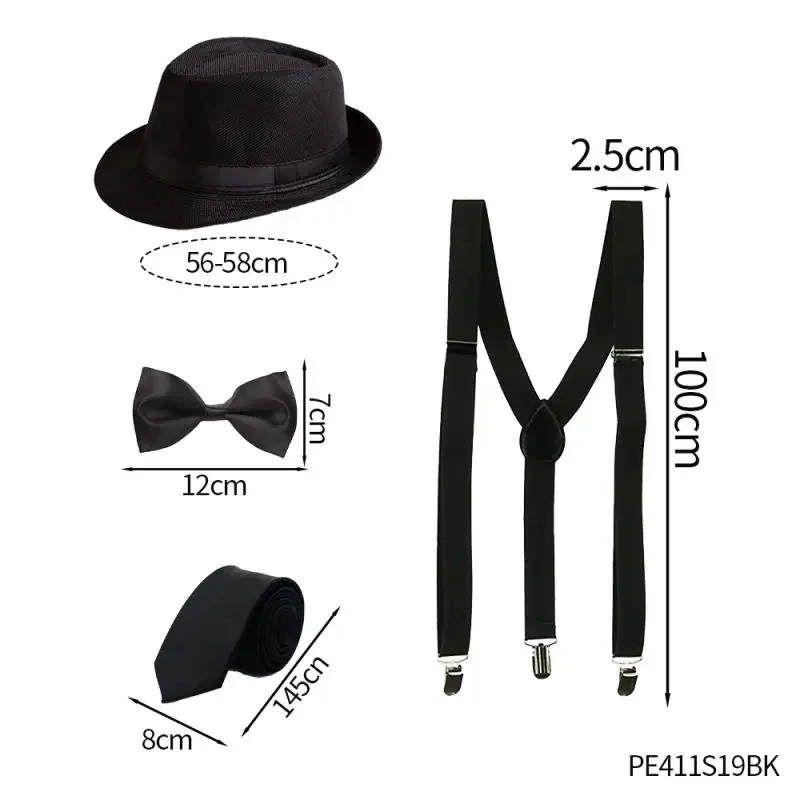 Men's 1920s Gatsby Costume Accessories Gentleman Black Jazz Hat Bow Tie Y-Back Suspender Set Halloween Gangster Cosplay Outfits