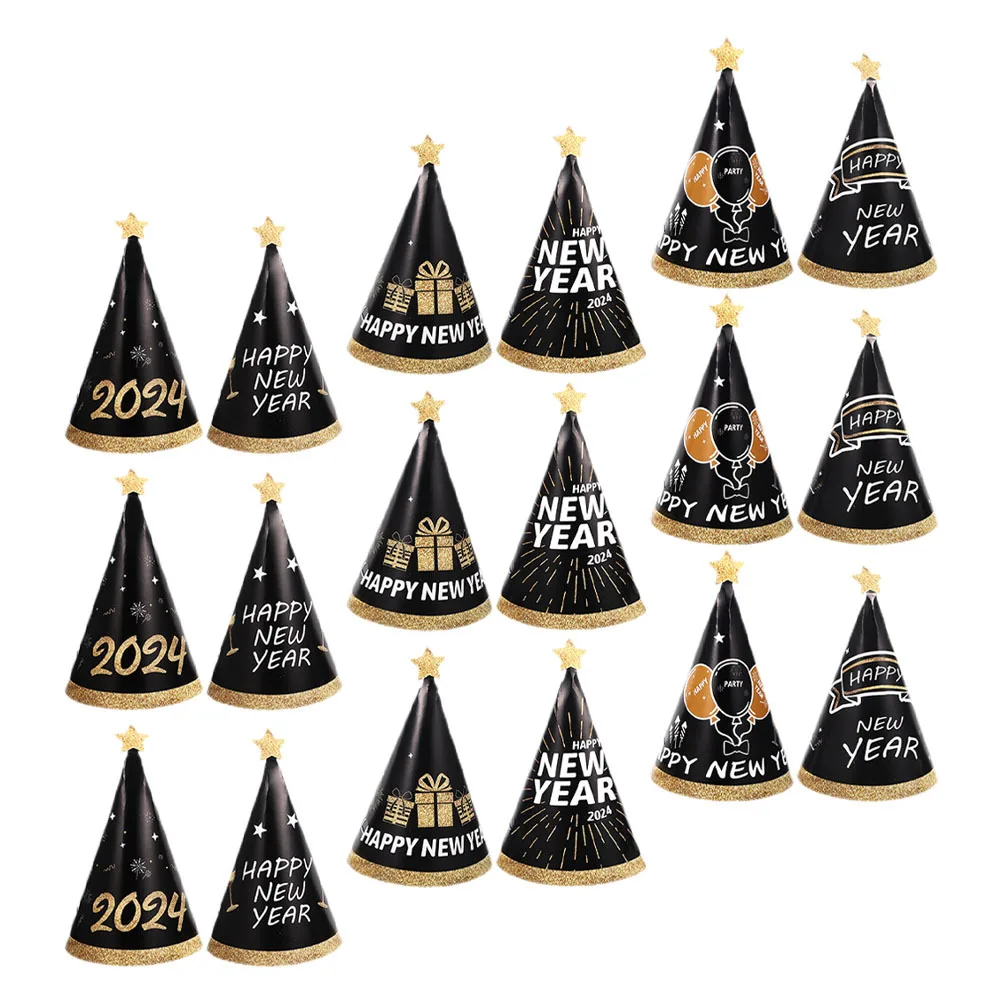 

18Pcs 2024 Happy New Year Hat Party Supplies Cone Hats Unique Delicate Designs Lightweight Comfortable Wear Versatile
