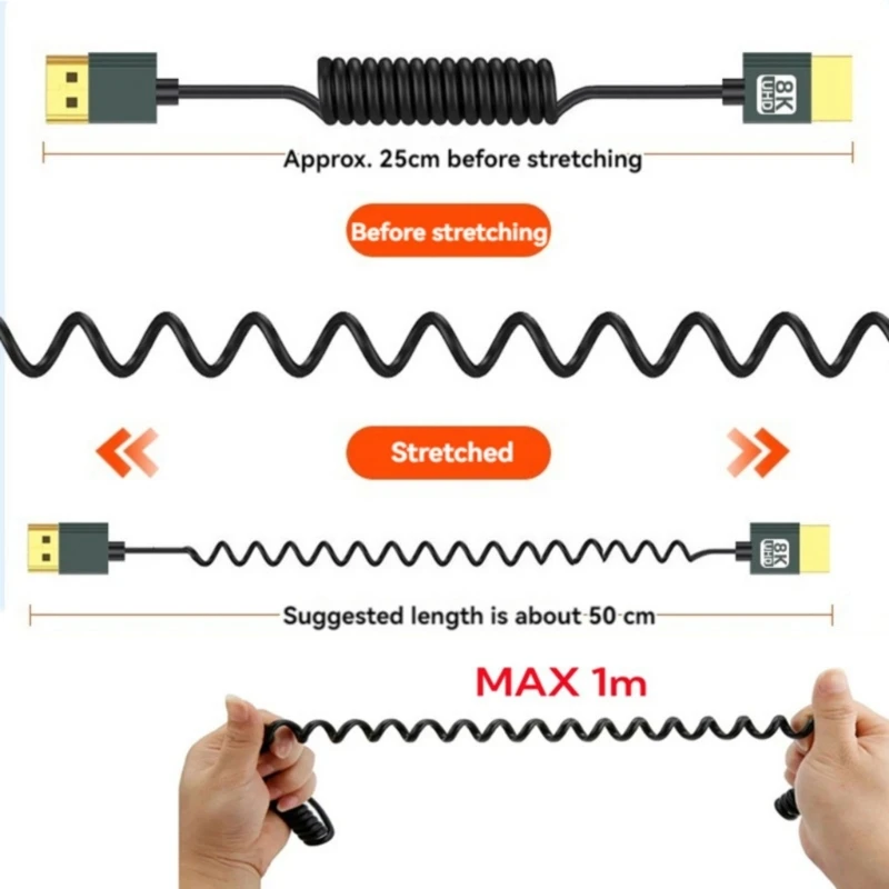 Y1UB 8K Coiled HDTV Cable HDTV 2.1 Cable Coiled HDTV A to C Male to Male Cable Supports 8K for Monitors Laptop PC Camcorder