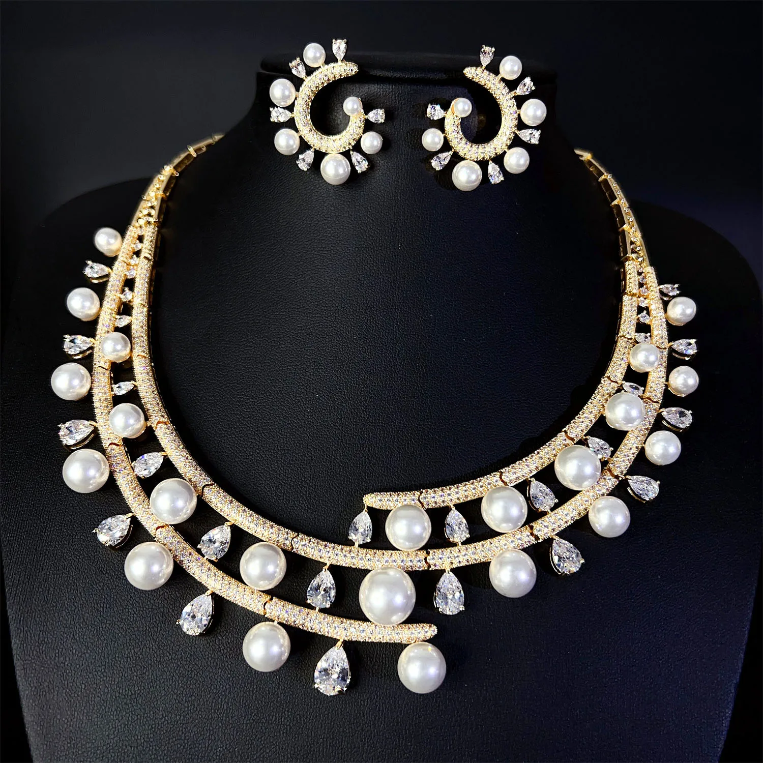 Stereo Artistic Dazzling Pearl Necklace Earring Set Women's Clothing Light Luxury Accessories Wedding Holiday Bridal Gift M-970