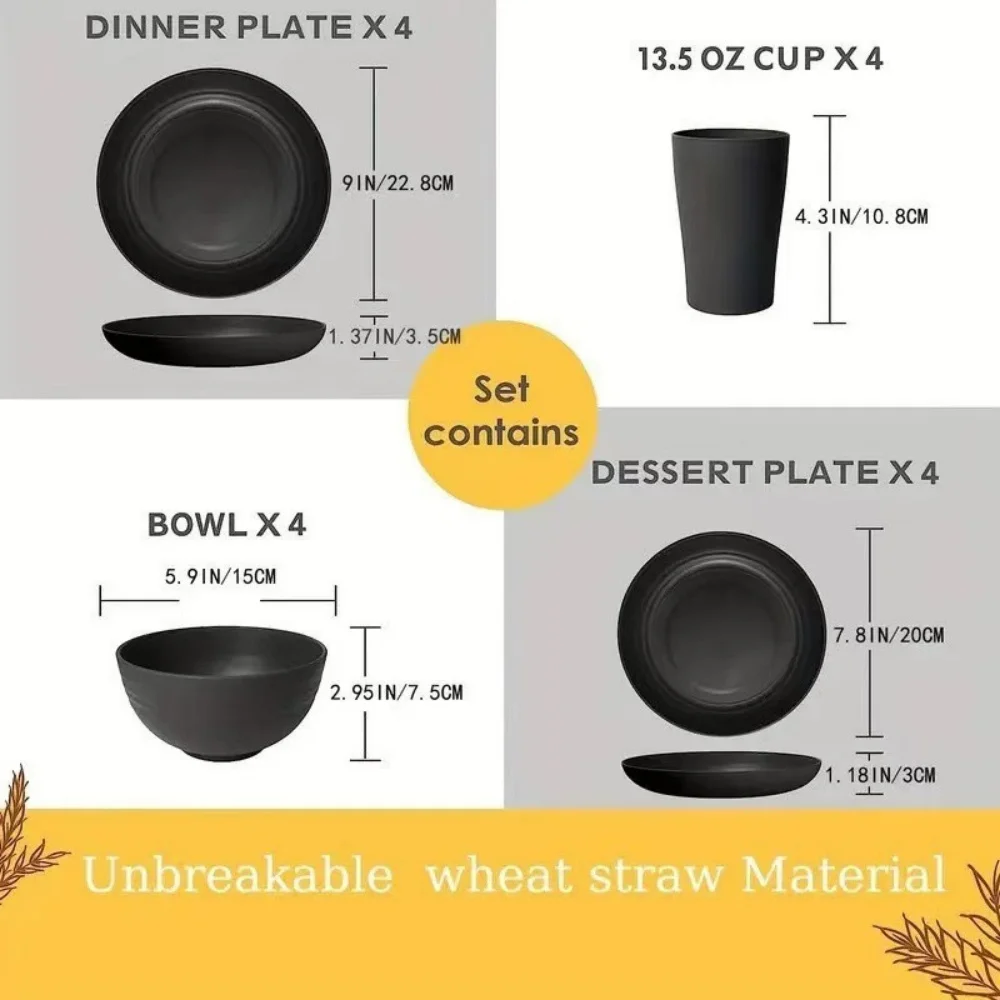16-Piece Black Polypropylene Tableware Set: Reusable Large Salad Bowls and Cereal Bowls, Suitable for Outdoor Camping Parties.