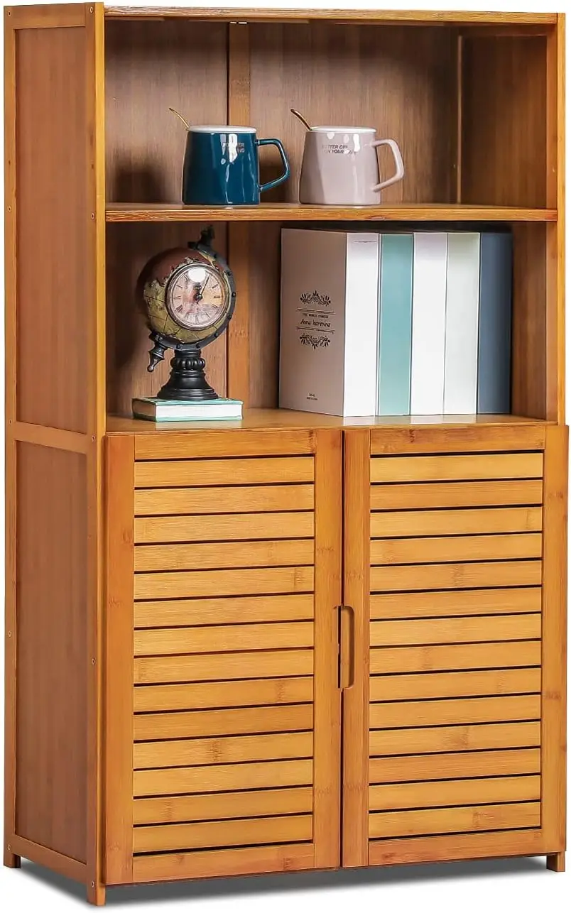 4 Tier Bookcase With Shutter Doors, Bamboo Free Standing Display Shelf Organizer Stand For Bathroom Bedroom Office Living Room,