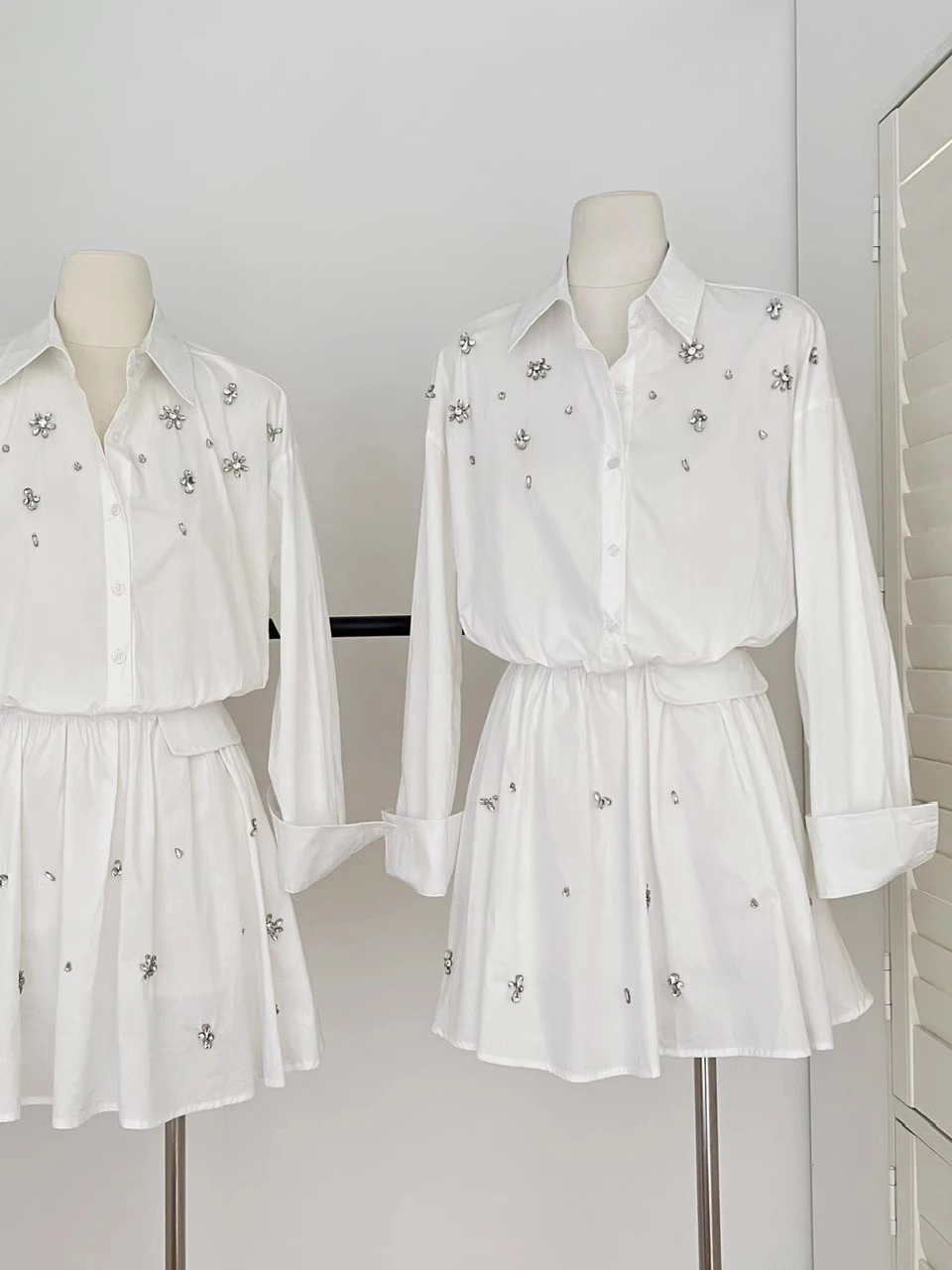 

Ele Heavy-Du Rhinestone Collared irt Top Women's Summer New Sle High Waist Skirt Two-Piece Set Faionable Com...