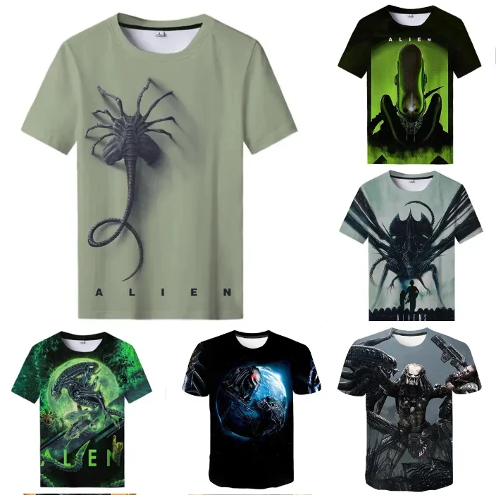 Men and Women 3D Printed Alien Stamp Informal Short-sleeved T-shirt Fashionable Horror Alien Movie Pattern Original Top Summer N