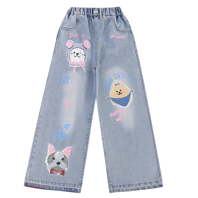 2024 Cartoon Mode Muster Jeans für Mädchen lose gerade Jeans hose schönen Druck Kinder Frühling Herbst Korea Stil lange Hose