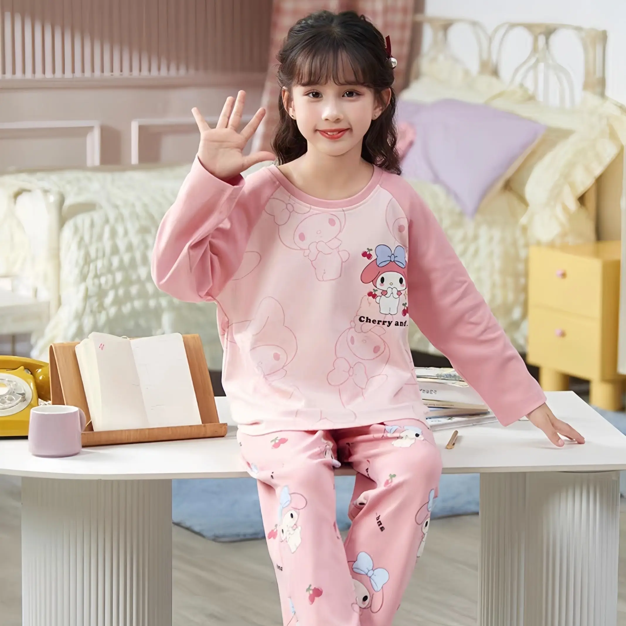 Pyjama à motif Kuromi pour enfants, ensemble haut et pantalon à manches longues, vêtements de détente à imprimé enna de dessin animé, confortable, décontracté, fille, 2 pièces