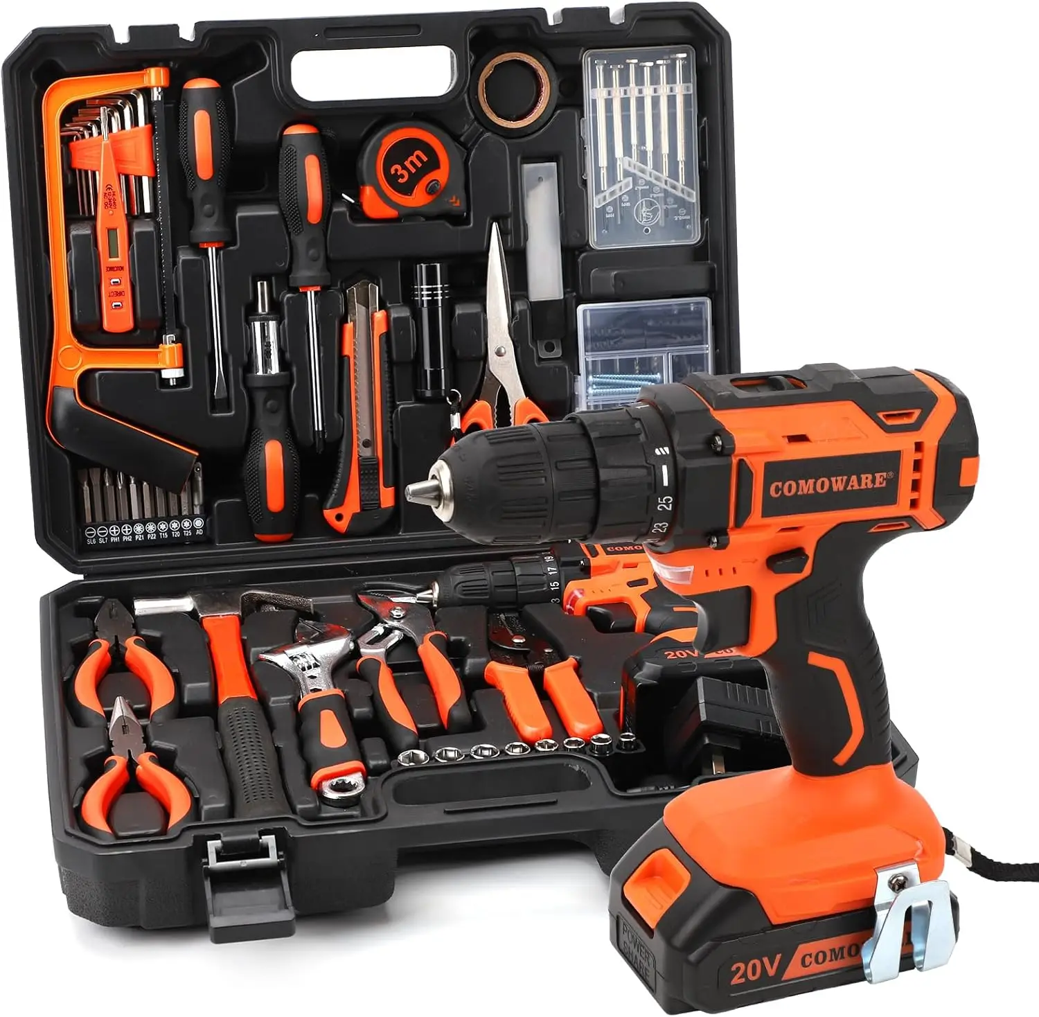 Comoware 20V Cordless Drill Set Combo Kit,120 Pcs Tool Kit For Home, Household Tool Sets For Men, Basic Tool Kit With Power