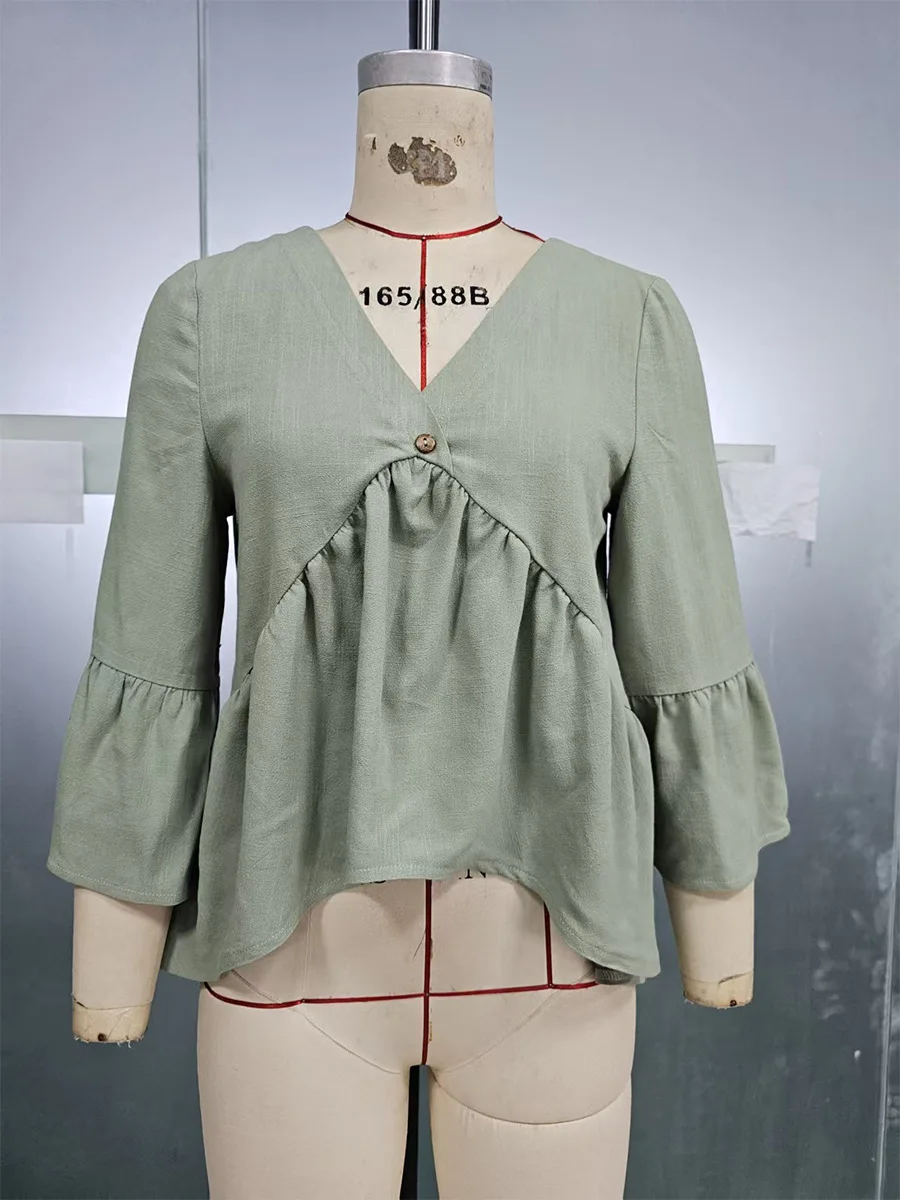 2026 Elegante moda sexy casual nuova camicia retrò con scollo a V pullover top abbigliamento femminile T-shirt