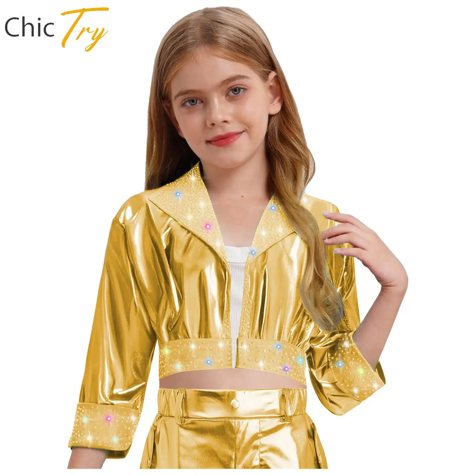 

New Style Girls Jazz Hip-hop Dance Performance Costume Long Sleeve Rhinestones Metallic Jacket Top Outerwear Casual Daily Wear