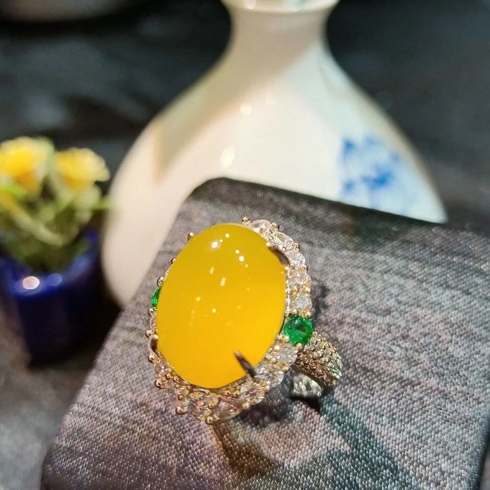 Natural Ice Chalcedony Ring Jade Inlay Jade Imperial Green Adjustable Color Agate Ring