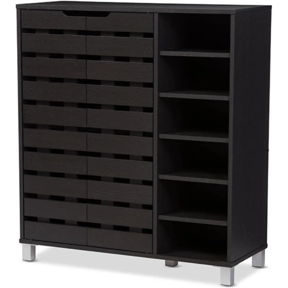 

Modern & Contemporary Wood 2-Door Shoe Cabinet with Open Shelves, Dark Brown