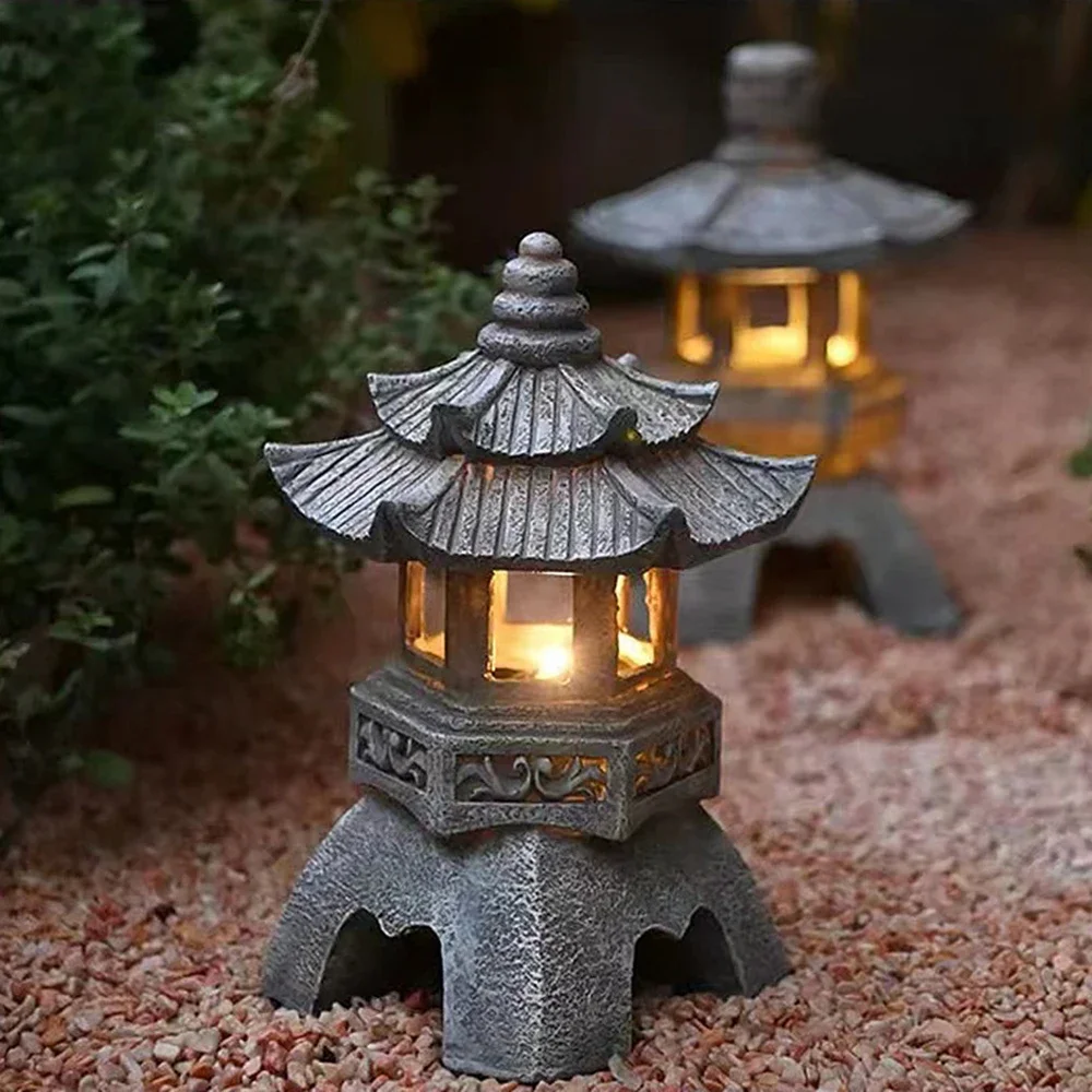 

Decoration Zen Ornaments Solar Powered Tower Garden Statue Palace Lanterns Chinese Solar Lamp Stone Courtyard Pagoda Lantern